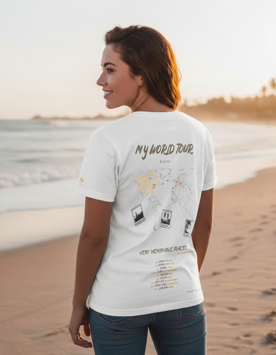 Personalized Women's Graphic Travel T-Shirt – "My World Tour" Back Print