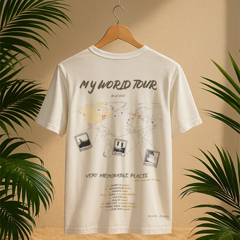 Personalized Women's Graphic Travel T-Shirt – "My World Tour" Back Print
